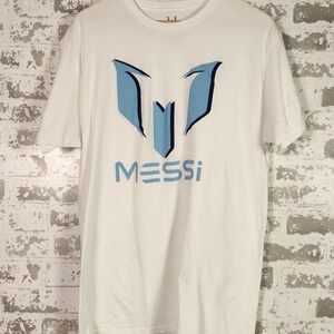Messi Collection Men Graphic T-Shirt Size Large White Blue Logo Soccer Tee Sport